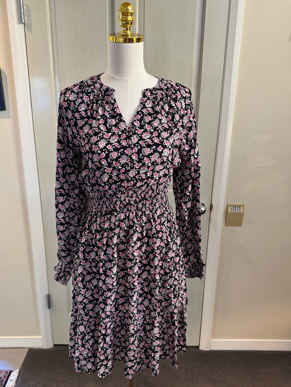 DownEast Women's Black Floral Smocked Waist Long Sleeve Dress NWT - Pink Pattern